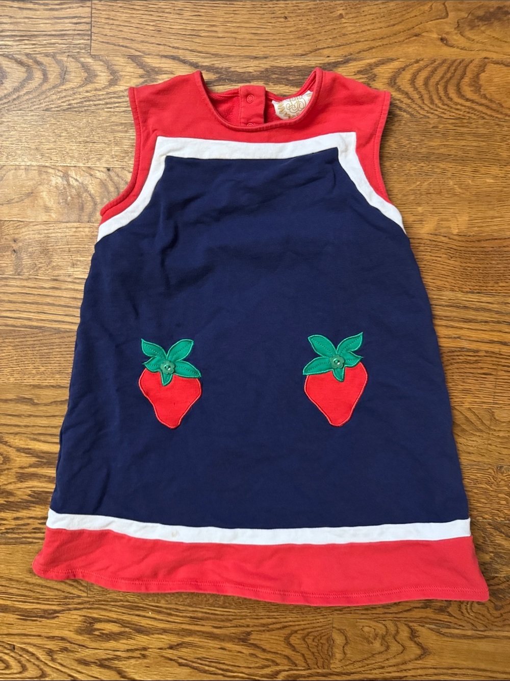 Navy & Red Strawberry Appliqué Sleeveless Dress